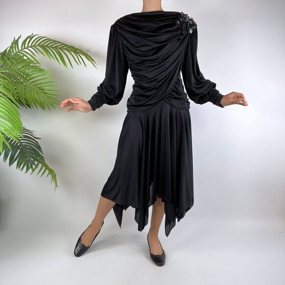 Vintage 80s Black Retro Fairy Grunge Art Deco Beaded Long Sleeve Dress / Size: 8 - Picture 1 of 5